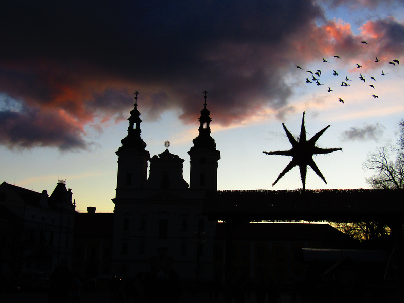 podvečer na masarykově náměstí se slaměnou hvězdou a s letícími holuby